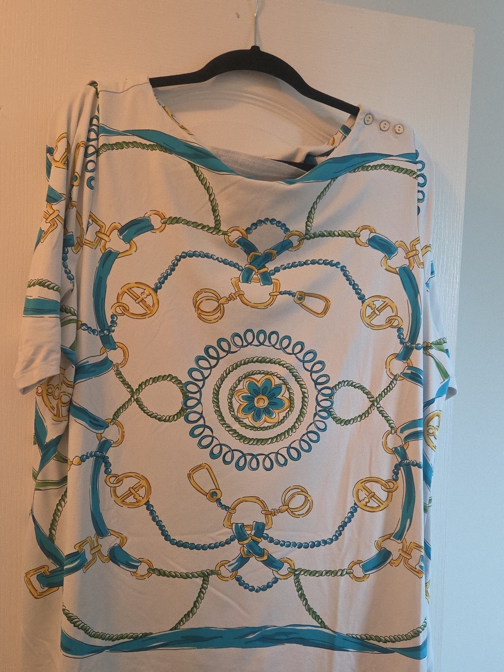 Charter Club Cream Tunic with Teal & Gold Chain Medallion Size 2x